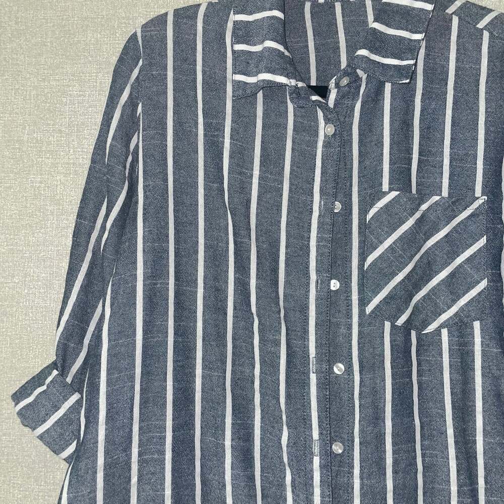 Blue and White Striped Longline Shirt Dress - Casual Button-Down - Picture 2 of 2